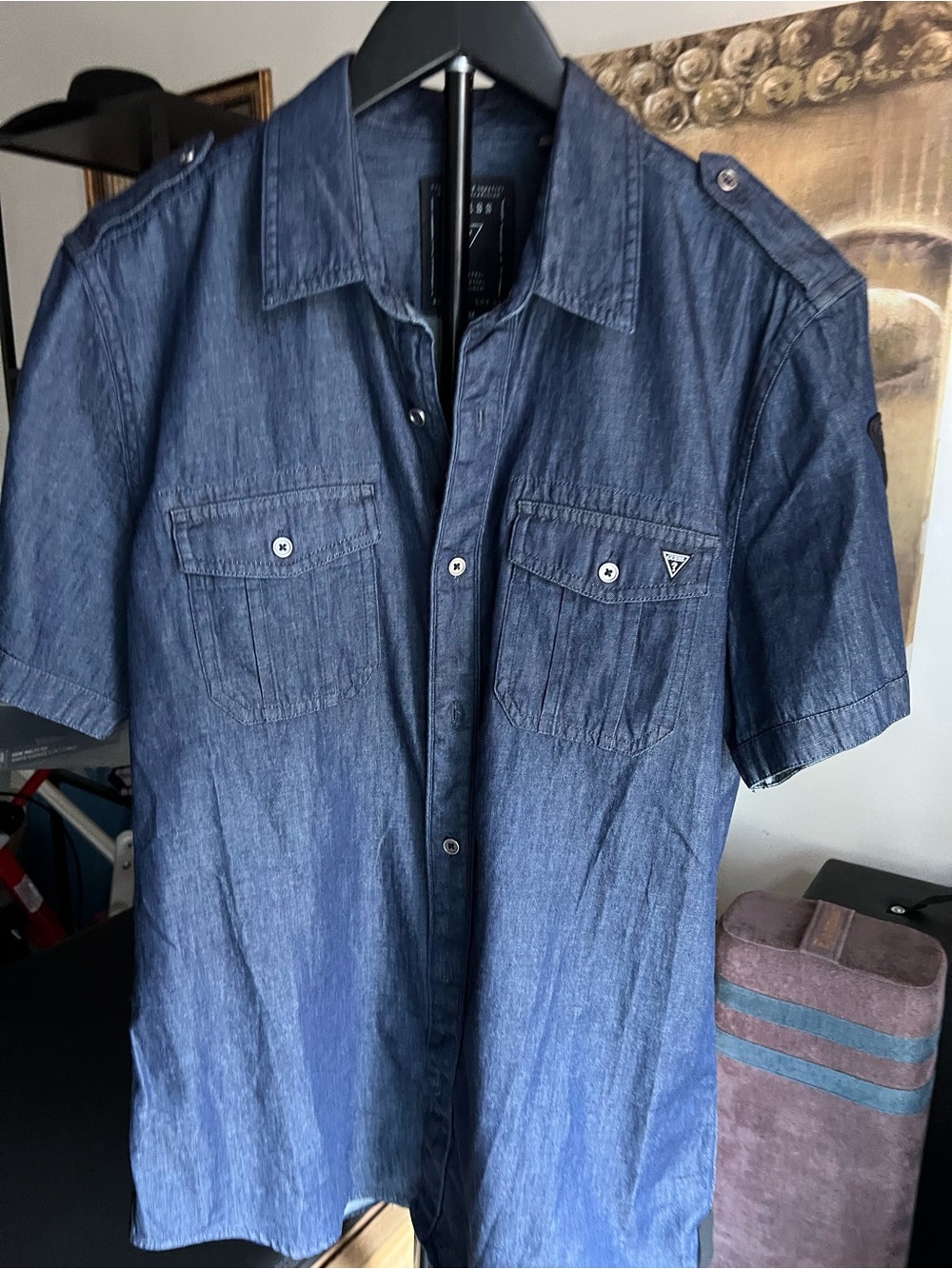 Guess Men's Short-Sleeve Denim Button-Down Shirt - Blue